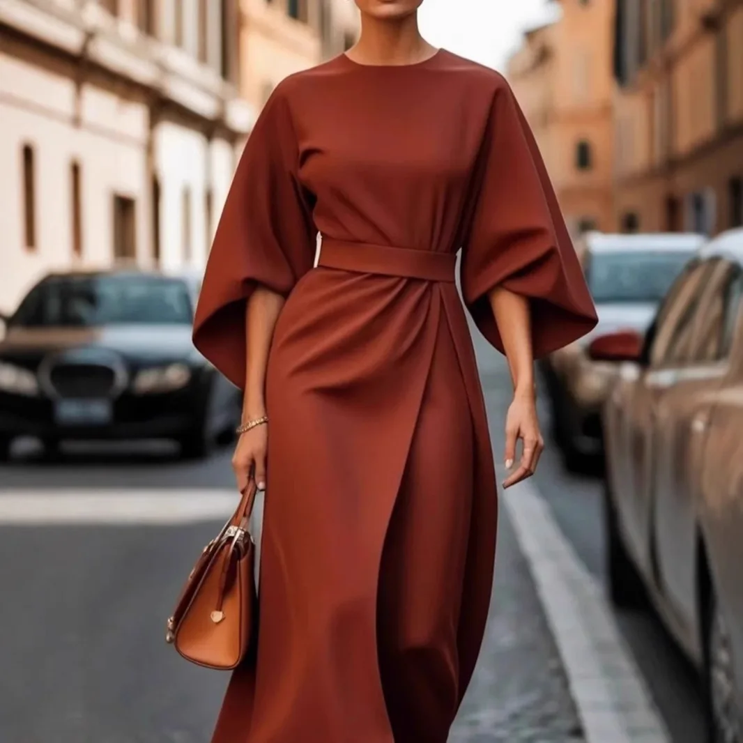 

Fashionable Elegant Solid Color Waist Slimming Women's Comfortable Dress Casual Round Neck Bat Sleeve Long Dress