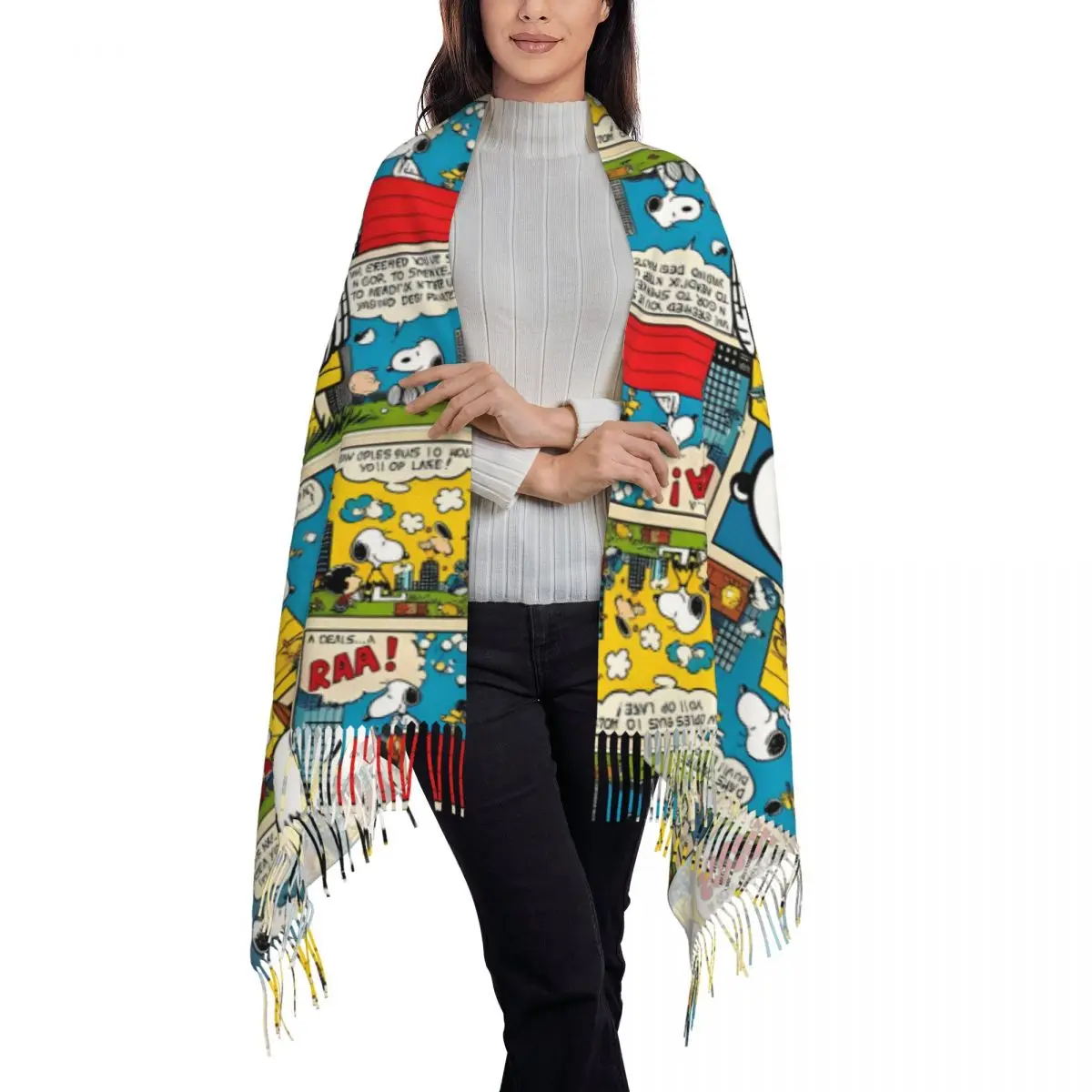 Womens Tassel Scarf Peanuts Comic Characters Snoopy Large Super Soft Shawl and Wrap Cartoon Animals Gifts Cashmere Scarf