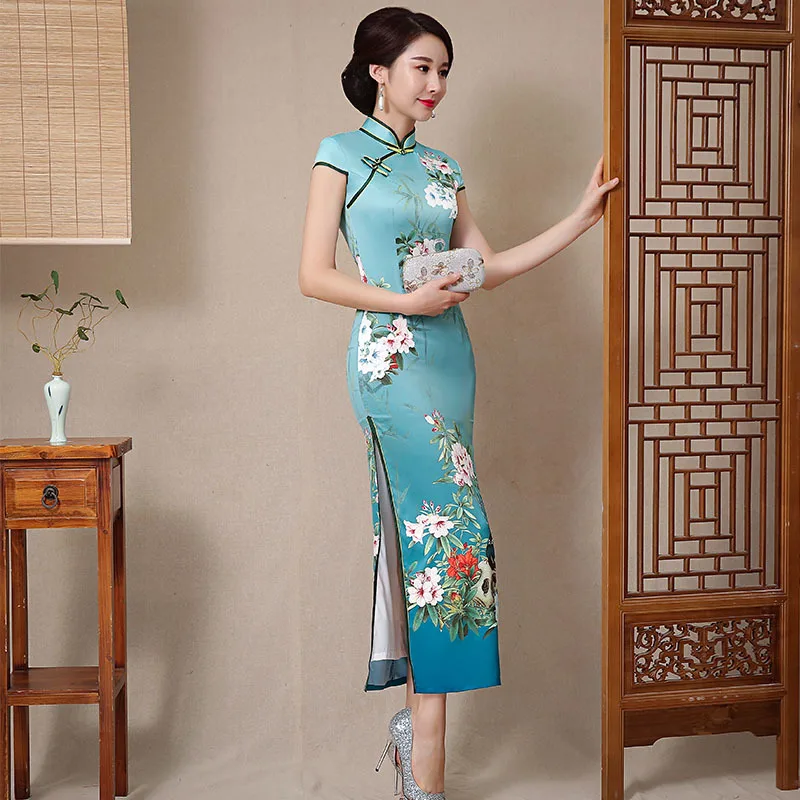 Cheongsam longo de camada dupla para mulheres, vestido de manga curta, desfile de passarela, cheongsam, estilo chinês, vestido yourqipao, 2023