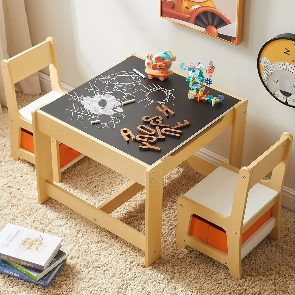 Kids Table and Chair Set, 3 in 1 Wooden Activity Table with Storage Der or Toddlers Ding, Reading, Crats, 2 in 1 Detachable Tabl