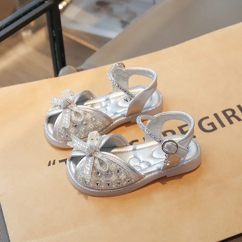 Босоножки Brand Sandals for Girls 2025summer New Bow Princess Shoes Fashion Sequin Girls Shoes Allmatch Kid Shoes Women Sandals