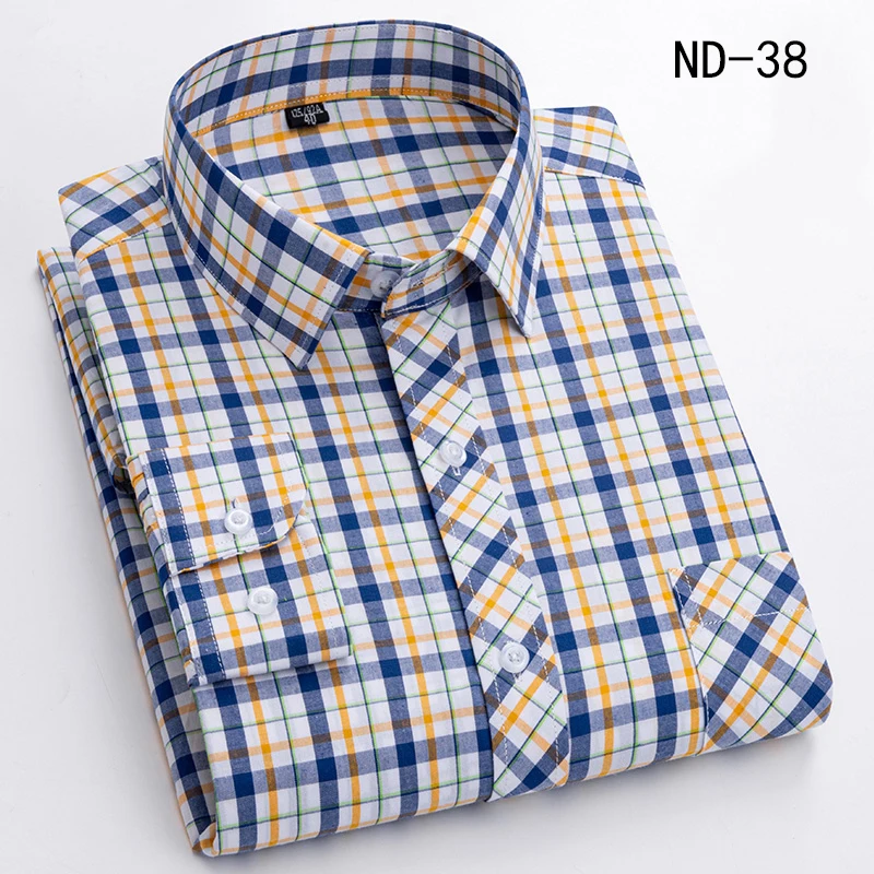 Camisas de algodão xadrez para homens, manga comprida, bolso único, ajuste regular, macio, cuidado fácil, vestido clássico, camisas casuais, roupas