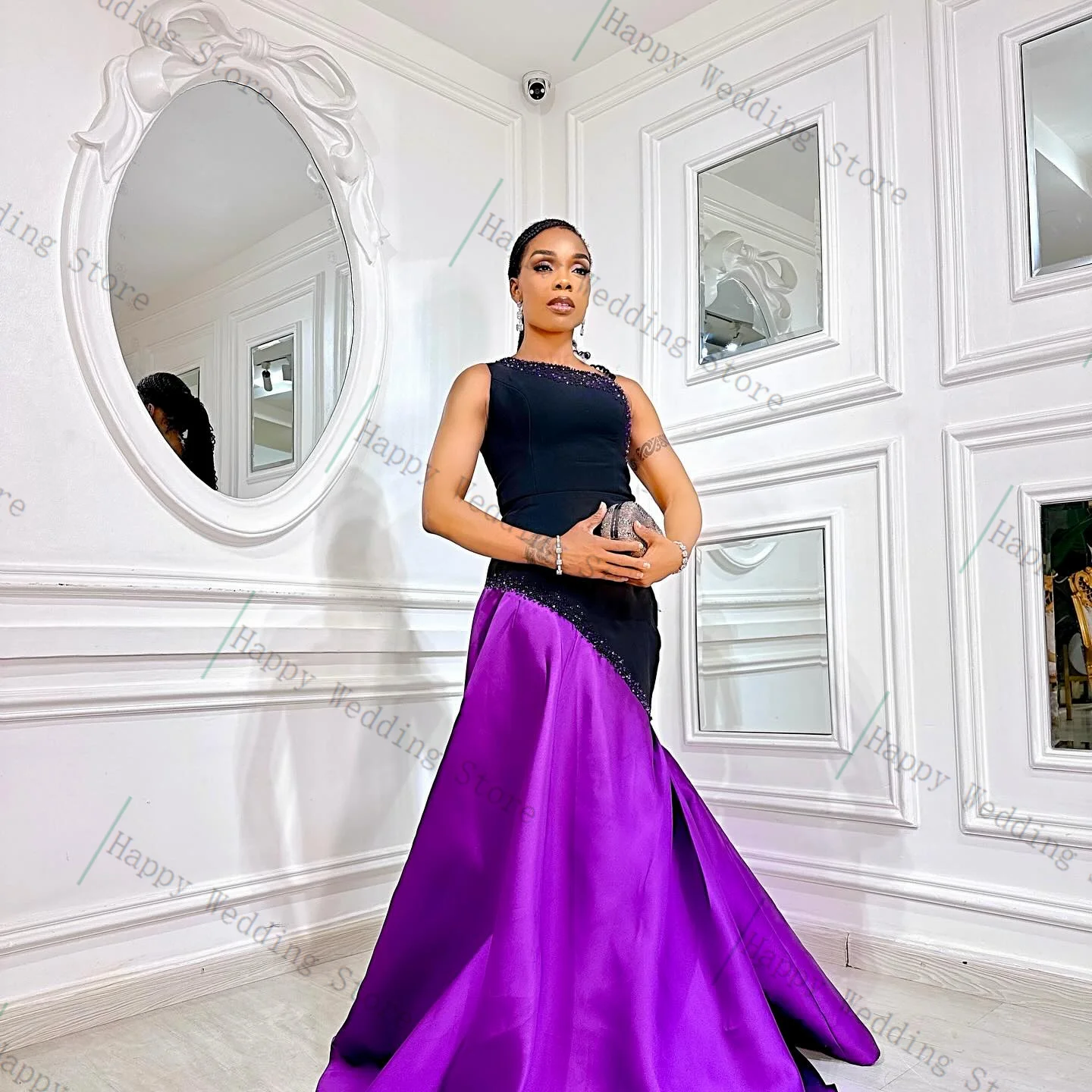

Purple Women Prom Dress Splicing Colors Luxury Crystals Autumn Fall Sexy One Shoulder Formal Office Lady Customized Party Gown