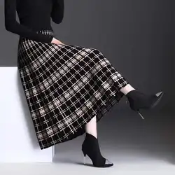 Elegante Vintage Frauen lange gestrickte Falten rock Herbst Winter koreanische Mode hohe Taille lose Midi A-Linie lässige karierte Röcke