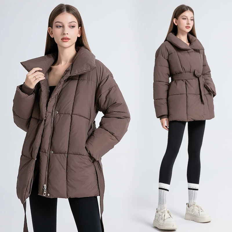 Women Winter Puffer Jacket 2024 Stand Collar Slim Bandage Medium Long Cotton Padded Coats Female Streetwear Parkas Mujer