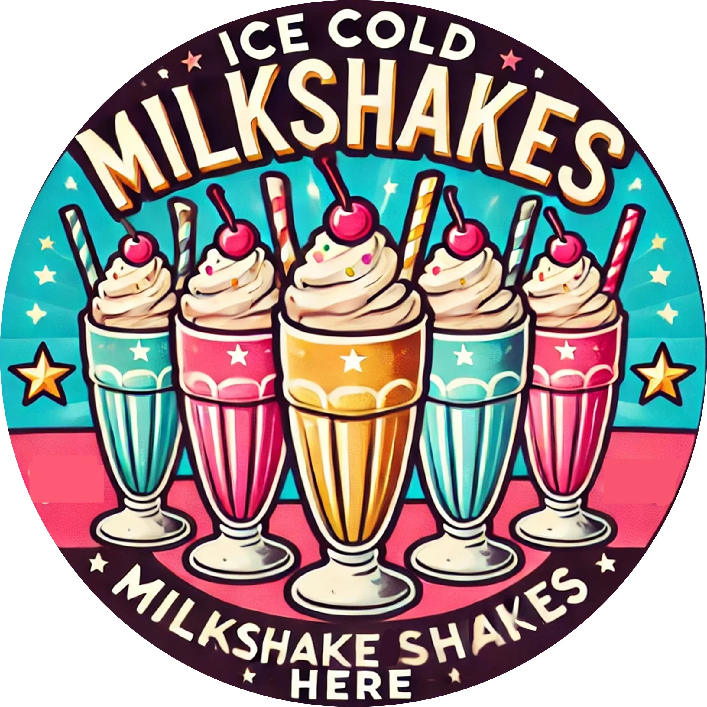 قطعة واحدة، علامة ألومنيوم معدنية مستديرة مقاس 8 × 8 بوصة (20 × 20 سم) ريترو "Ice Cold Milkshakes"، ديكور فني جداري عتيق للمنزل والبار والمطبخ - Ea