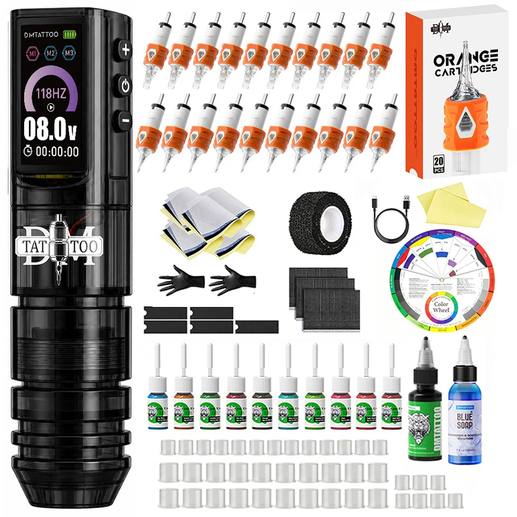 DM Wireless Tattoo Machine Kit Three Working Modes With 1600mAh Battery 3 Colors Transparent Plastic Tattoo Pen For Tattoo Art
