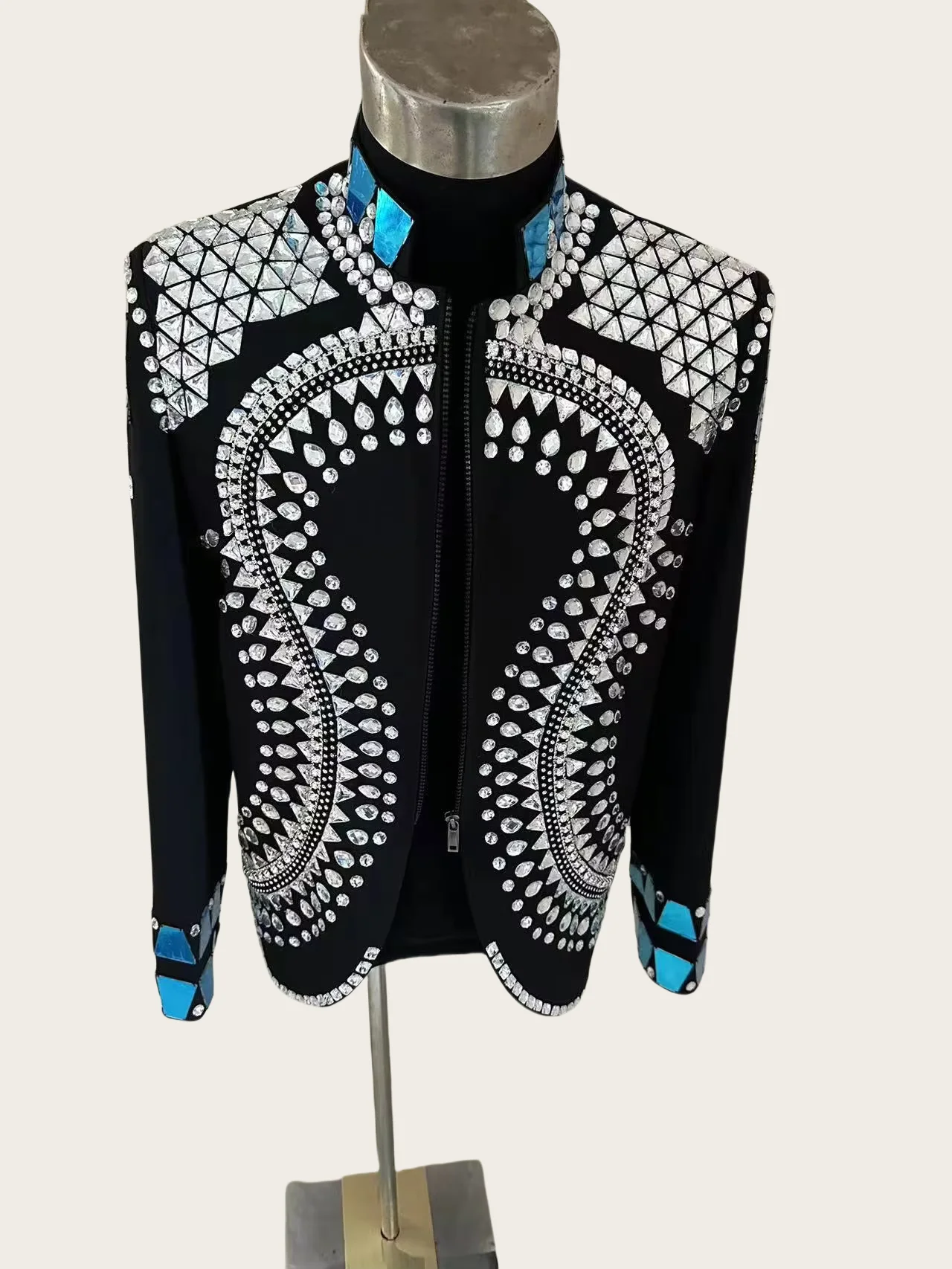 Sparkly Crystals Mirror Lens Suit Jacket Men\'s Stage Show Performance Coat Club Singer Dancer Groom Wedding Formal Dress Wear