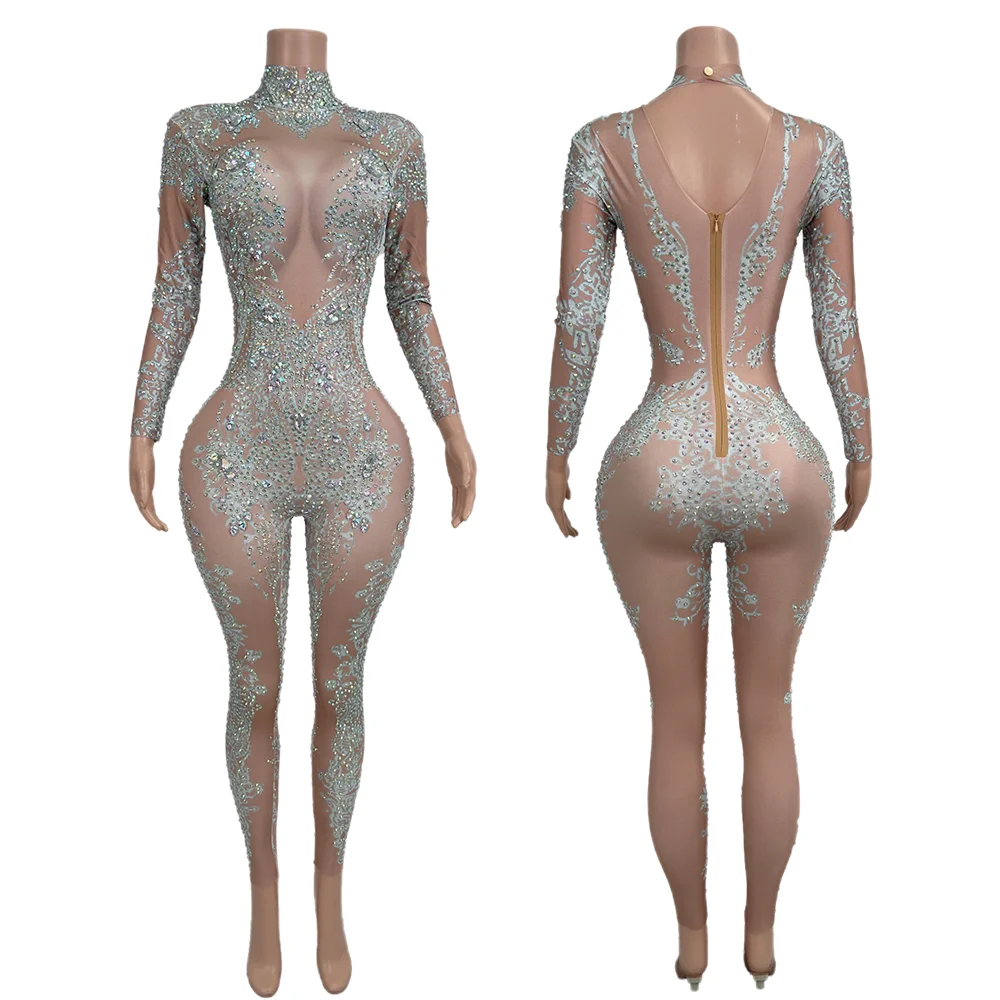 

Сексуальные облегающие комбинезоны с длинными рукавами и кристаллами, женские узкие купальники для выступлений на сцене, танцевальные боди, клубные вечерние комбинезоны со стразами