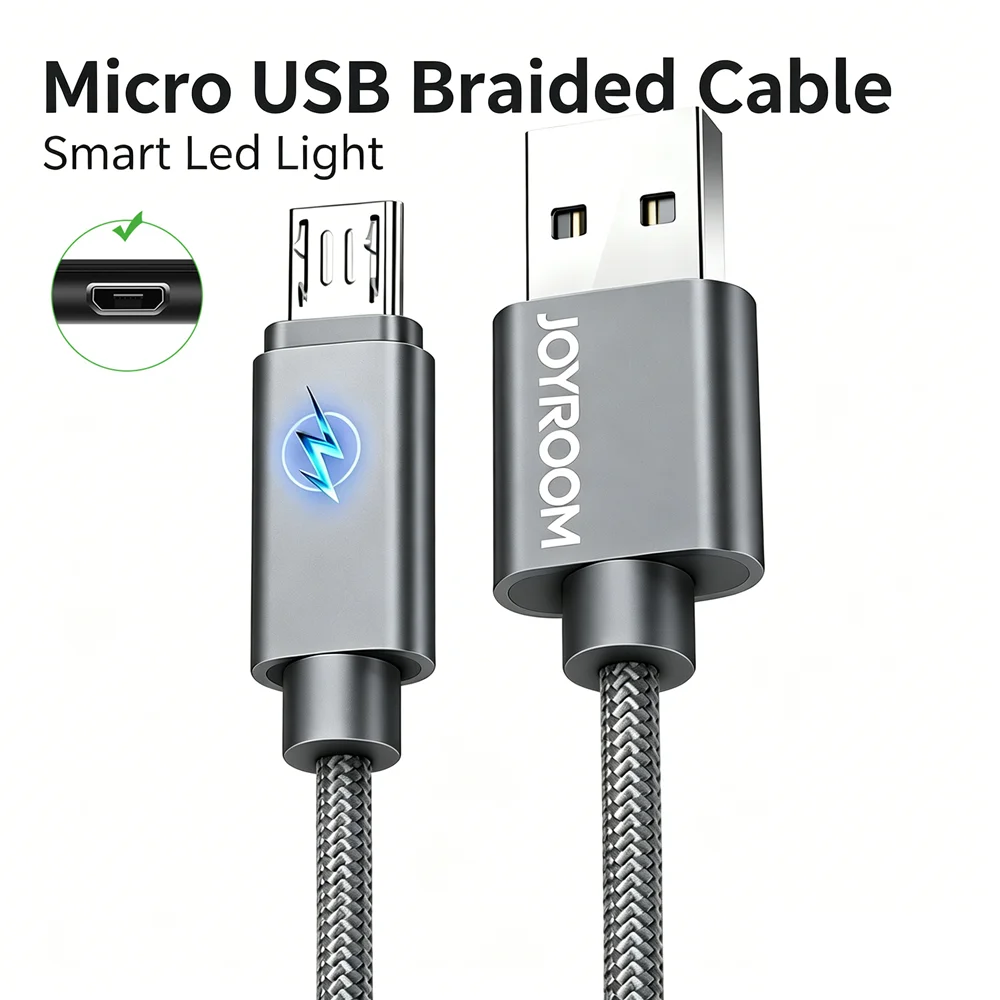 Micro USB With Smart Led Nylon Braided Fast Charging Cable For Samsung S7 Edge Note 5 Redmi 9A 10A 12C Honor 8X 9i 20i OPPO R15