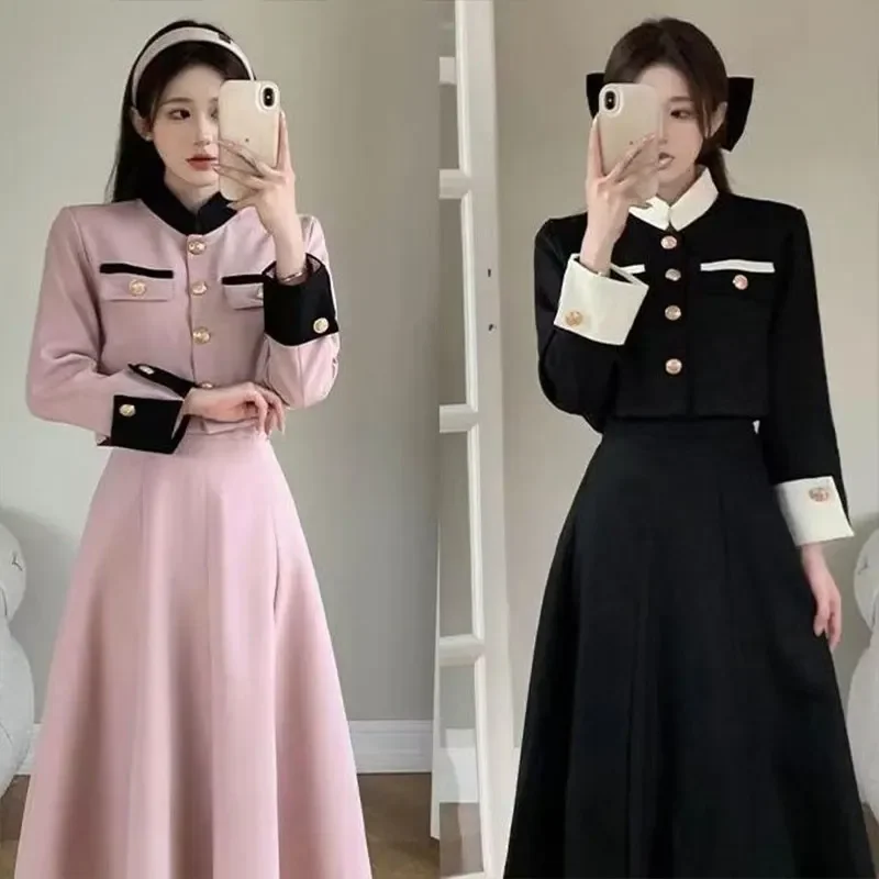 

Elegant Fashion Harajuku Slim Fit Women's Clothing Loose Casual All Match Stand Collar Outerwear Solid Skirts Two Piece Set
