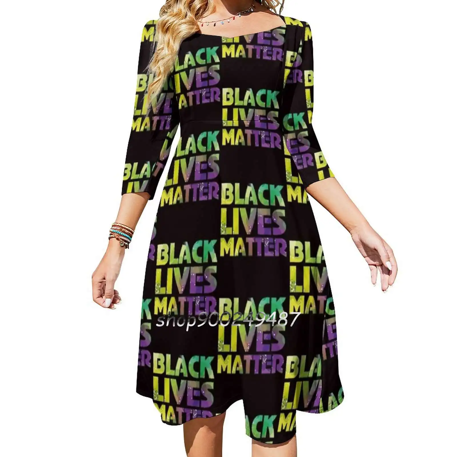 Black Lives Matter Flare Dress Square Neck Dress Elegant Female Fashion Printed Dress Black Lives Matter Black Lives Matter