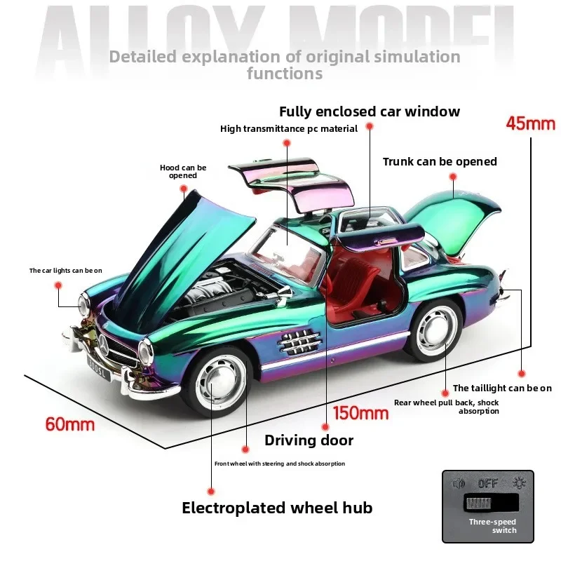電気メッキダイキャスト 1:32 ベンツ 300SL クラシックカーモデル音と光プルバック装飾おもちゃ子供男の子ギフトミニチュア