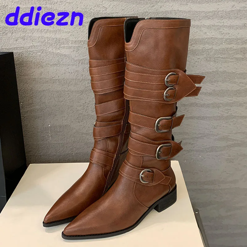 

Fashion Pointed Toe Ladies Long Western Booties Metal Buckle Female Designer Footwear Women Knee High Boots With 4cm Heel Shoes