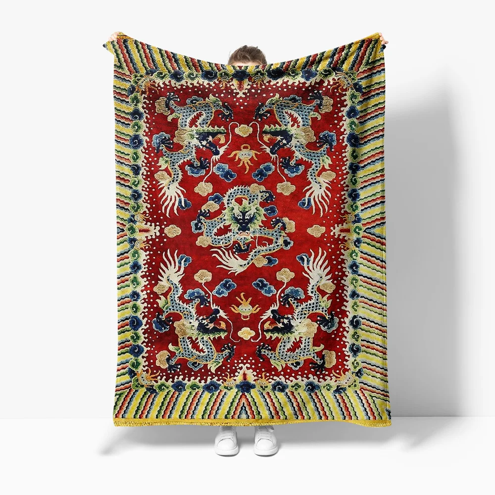 Red Chinese Style Embroidered Silk Throw Blanket Sofa Bed Decorative Cushion Cover Bedspread