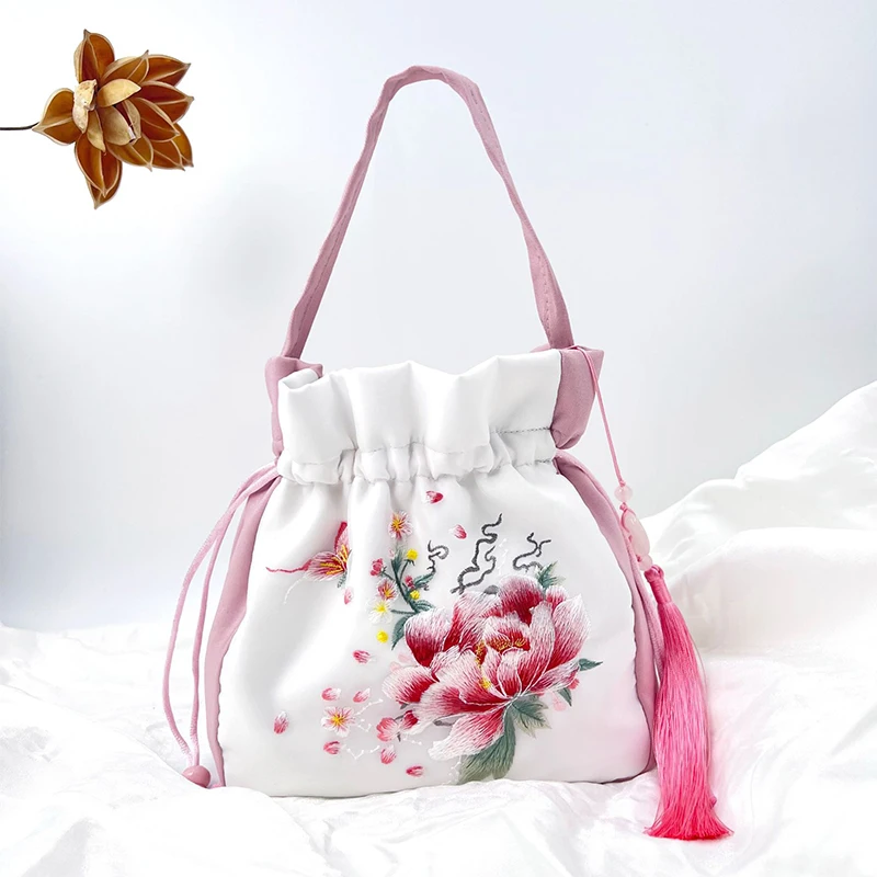 Women Ancient Style Embroidered Flower Crossbody Bag with Drawstring Detachable Bucket Bag Handbag Chinese Style Hanfu Bag