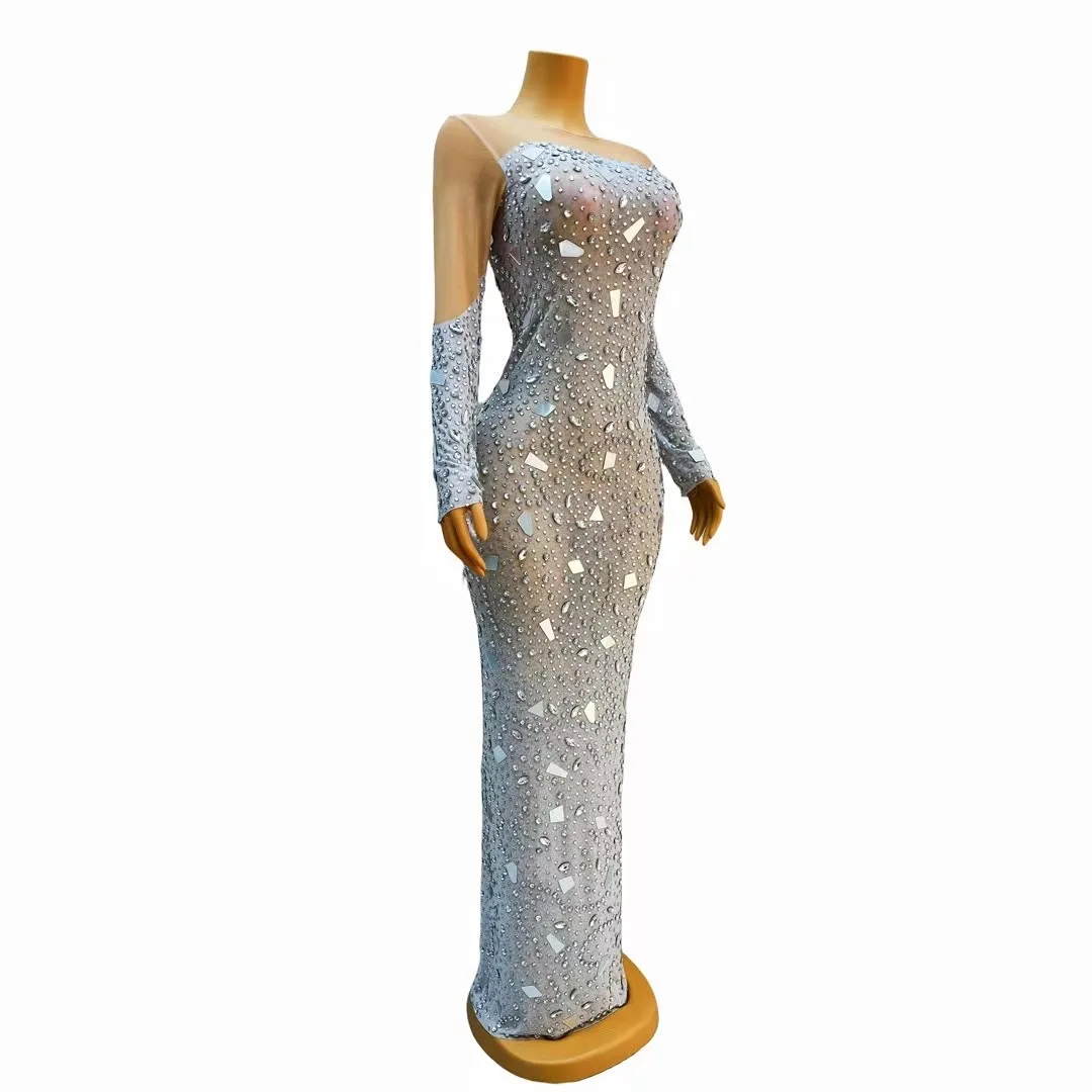 Women Sexy Stage Sparkly Crystals Long DressEvening Party Rhinestones Dresses BirthdayCelebrate Costume Fringes Dress  C218