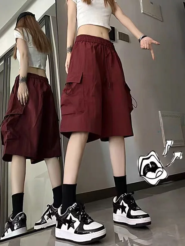 Red Workwear Short Pants Women's Summer Thin American Casual High Waist Wide Leg Sport Five-Point Pants Design Sense