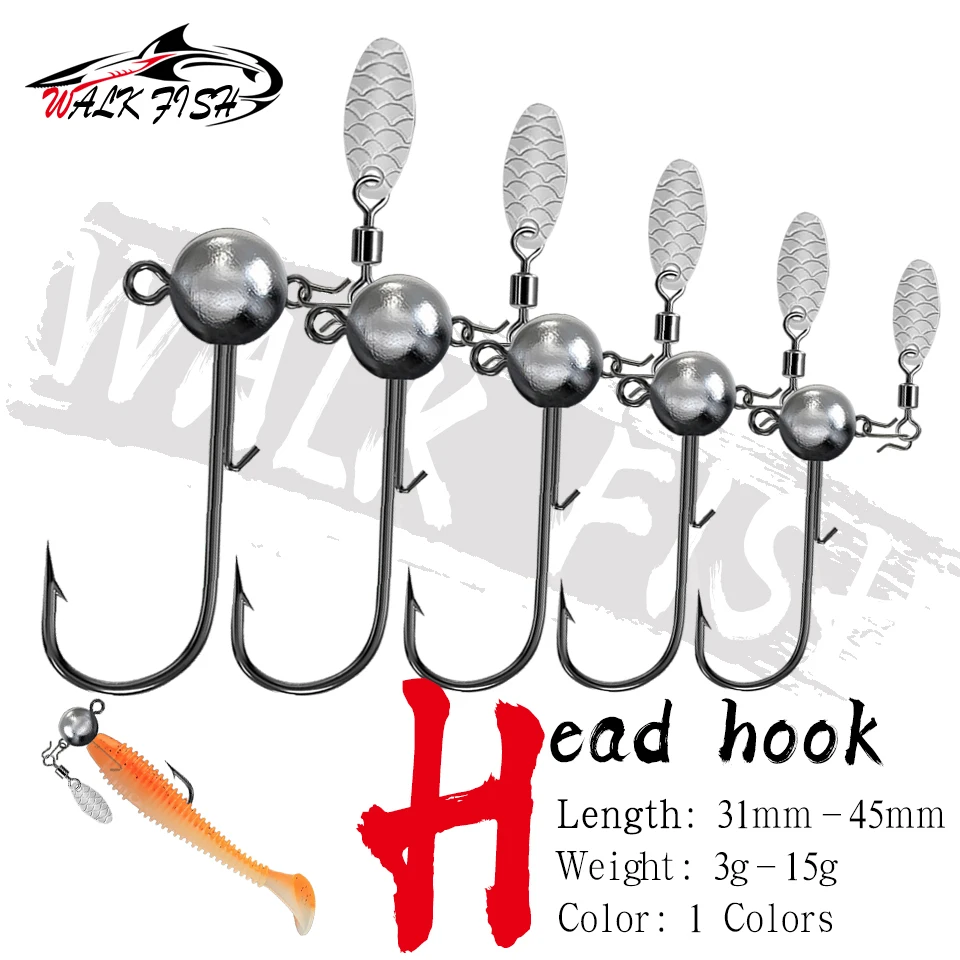 WALK FISH 5 Stück 3 g/5 g/7 g/10 g/15 g runder Ball-Jigkopf-Angelhaken mit Melonensamen-Pailletten-Bleihaken, weicher Wurm, Süßwasser-Bassfisch