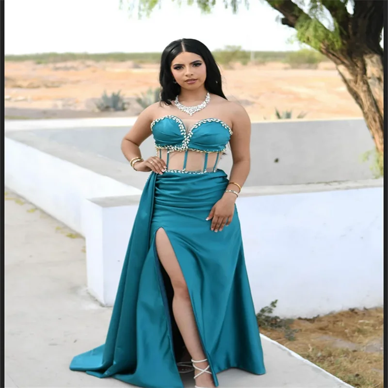 Personalizado pavão azul fenda lateral strass vestido de baile ilusão espartilho sexy vestidos de noche trem varredura elegante vestido formal