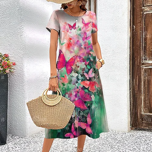 Imagen 2 del producto Vestido Midi de manga corta para mujer, traje elegante con estampado Floral, ropa de gran tamaño a la moda para vacaciones de verano, novedad de 2024