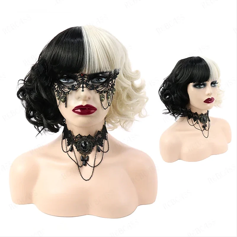 Hairjoy synthetisches haar cosplay cruella lose locken bob mit ordentlich knall schwarz weiß perücke für frauen halloween kostüm – Detail 6