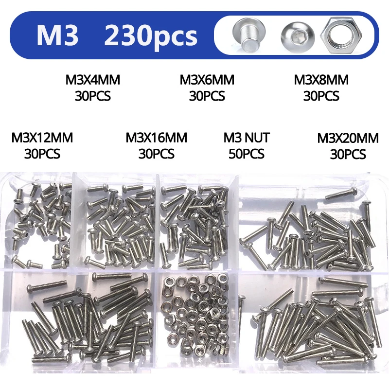 M2 M3 M4 M5 M6 Innensechskantschraube und Muttern-Set, Innensechskantschraube aus Edelstahl 304, Innensechskant-Halbrundkopfschrauben-Sortiment – Detail 9