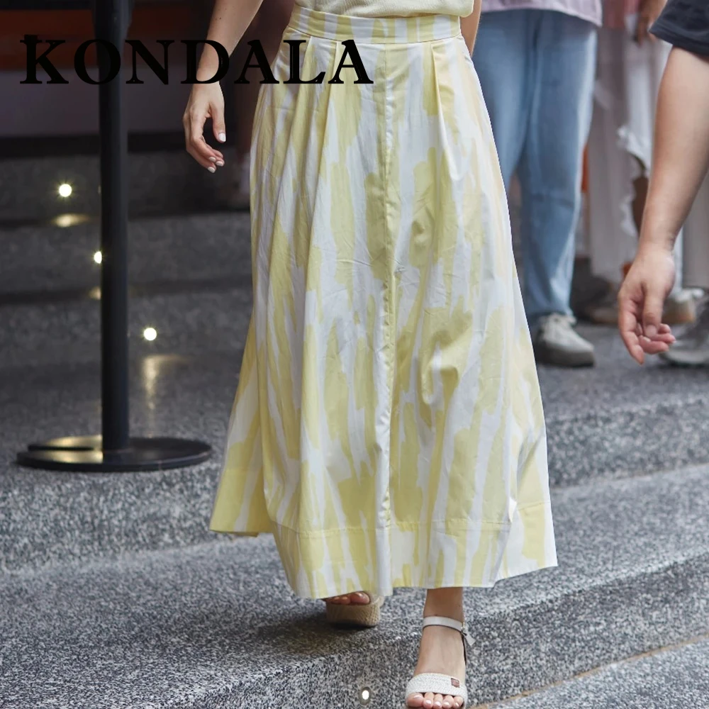 

KONDALA Chic Y2K Elegant Yellow Casual Print Woman Pleated Skirt Fashion 2025 Holiday Summer Beach Sweet Mujer Long Midi Skirt
