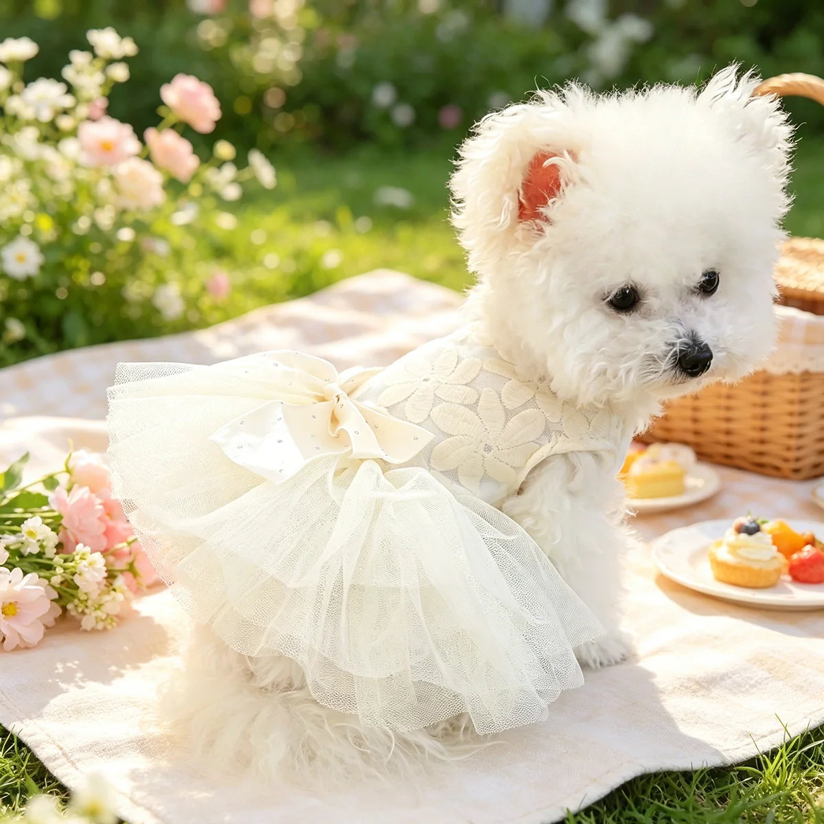 Cremeweißes Tüll-Hochzeitskleid für Haustiere, Elegantes Spitzen-Feenoutfit für Kleine Hunde und Katzen, Passend für Teddy, Pomeranian, Yorkshire, Malteser – Detail 3