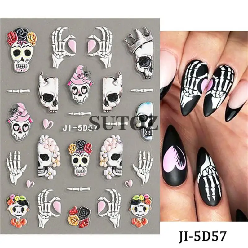 5D Halloween Nail Sticker Relief Stereo Skull Green Head Monster Astronaut Skulls Bone Spooky Astronaut Alien Droplet Eyes Nail