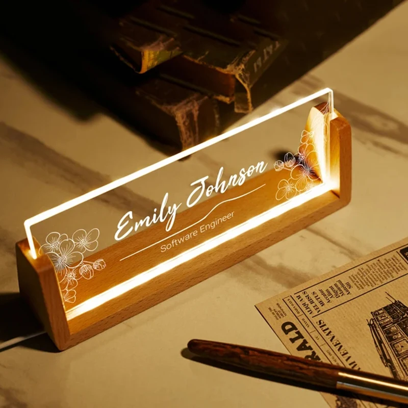 Personalized Name Plate With LED Wood Base Custom 3D Lamp Nameplate Leader Teacher Desk  Acrylic Name Sign Personalized Gifts