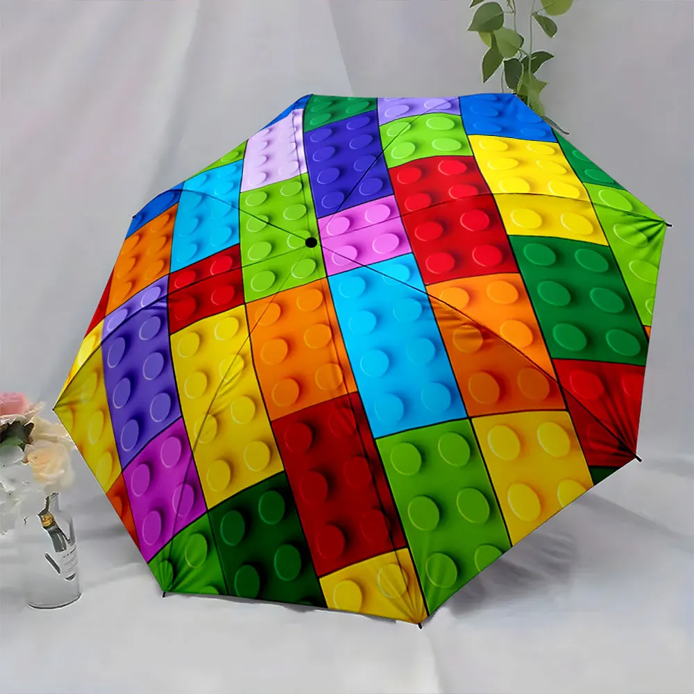 1PC Colorful Building Block Pattern Umbrella Print 8 Iron Ribs Folding Umbrella Auto-Open Fashion Sunshade