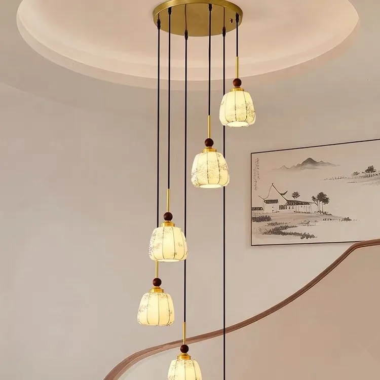 Vintage LED Chandelier Fabric Pattern Wood Hanging Lamp for Bedroom Dining Room Bar Home Decor Stylish Light Fixture