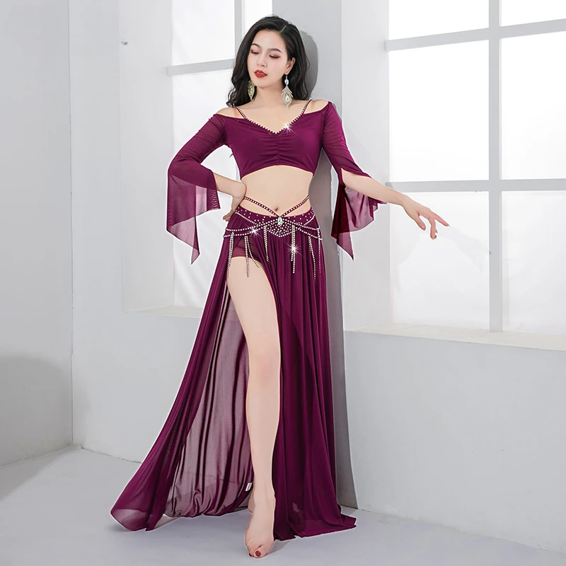 Belly Dance Costume Set for Women Half Sleeves Top+mesh AB Stones Long Skirt 2pcs Adult Oriental Belly Dancing Wear Clothing Set