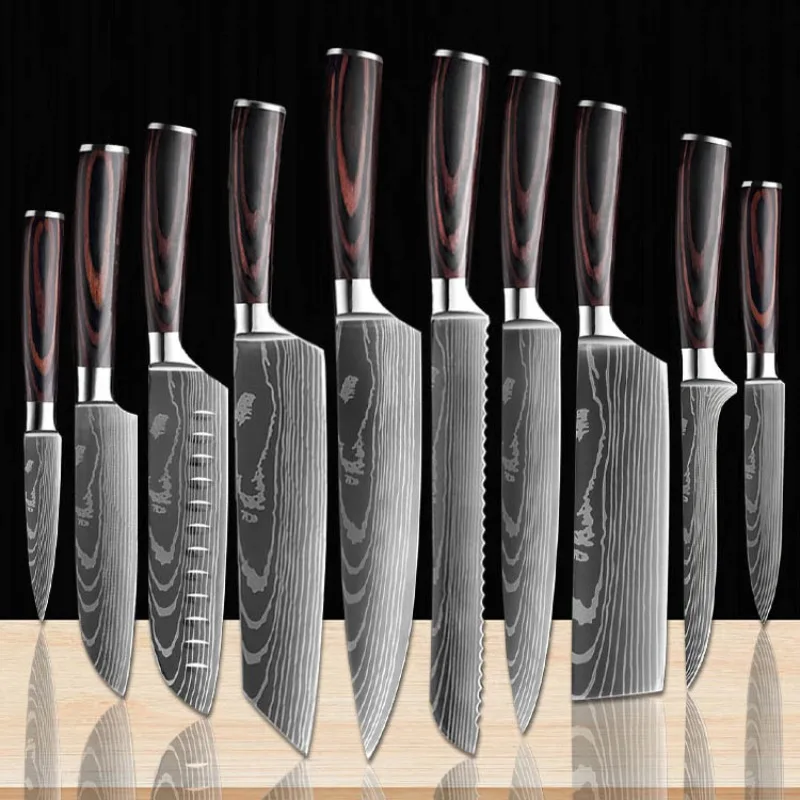 

10pcs Damascus Laser Pattern Chef's Knife Boning Knife Meat Cleaver Japanese Santoku Knife Household Resin Handle cooking tools