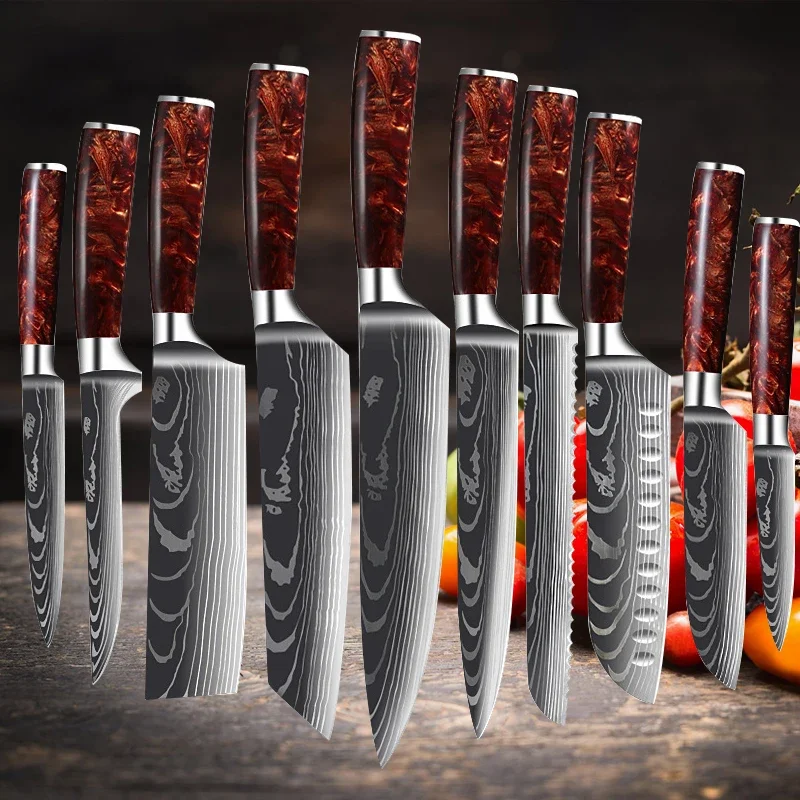 7Cr17Mov Japanese Knife Set 1-10pc Fish Fillet Santoku Knives Chef's Sashimi Kiritsuke Yanagiba Slicing Knives