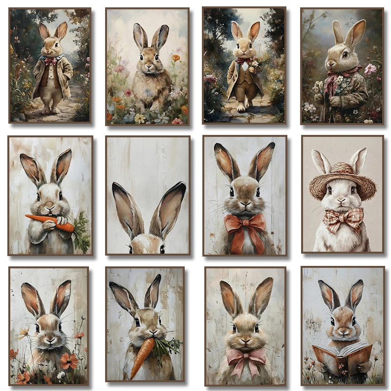 Easter Rabbit in Bucket of Carrots Poster Print, Spring Bunny Flower Canvas Painting Rustic Nursery Home Decor Cuadros