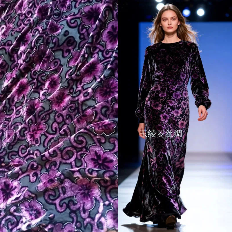 

Purple Pink Flowers Pure Silk Velvet Fabric Dress Vestidos sewing accessories Seda Long Dress Velour Designer japanese fabric