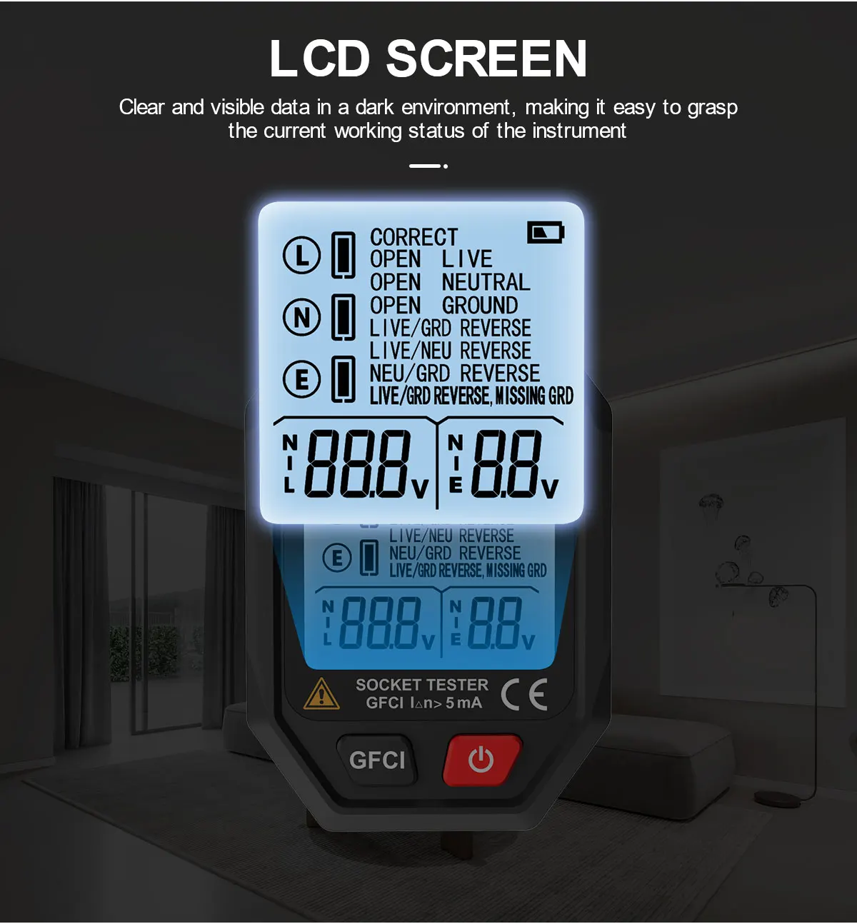 HYTAIS Digitaler Steckdosentester, Batterieleistung, intelligenter Detektor, große Hintergrundbeleuchtung, EU, US, UK, Stecker, Boden, Live, Nullleitung, Polarität, Phasenprüfung – Detail 7