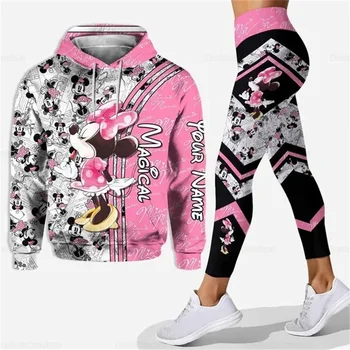 Frühling und Herbst Disney Minnie Mickey Mouse 3D-gedruckter Hoodie Damen Hoodie Set Minnie Yoga Hosen Leggings Mode Lässig Spor