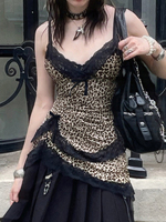 Cuteandpsycho Lace Patchwork Y2K Camisole Leopard Print Y2K Backless Sexy Cute Tops V-neck Sleeveless Fairycore 2000s Clothes