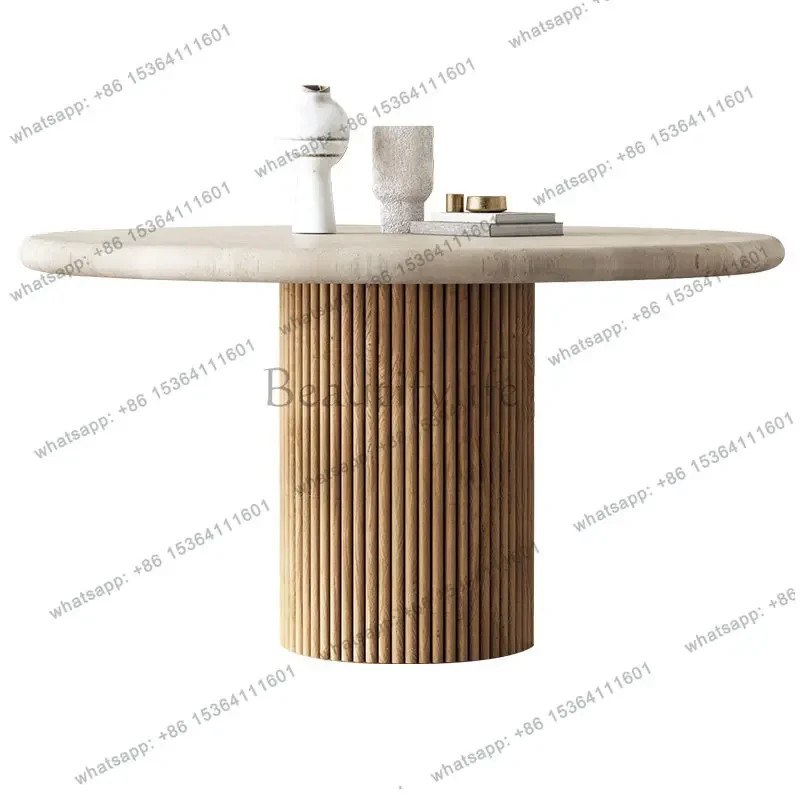 

yj58 Natural travertine marble dining table turntable light luxury high-end round dining table household small apartment