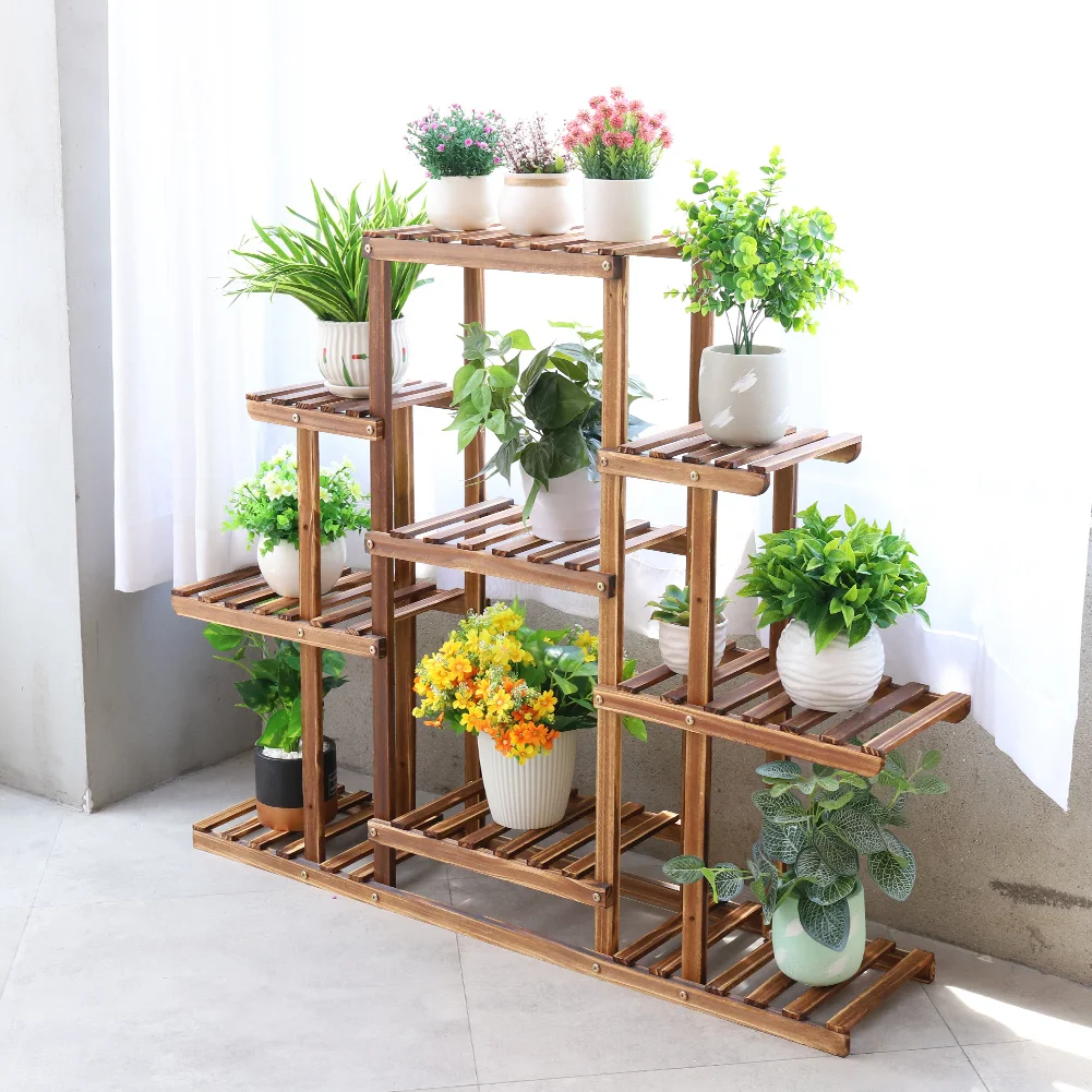 Large Carbonized Wood Plant Stand, Flower Pot Display Holder Rack, Indoor and Outdoor Shelf, 9 Tier