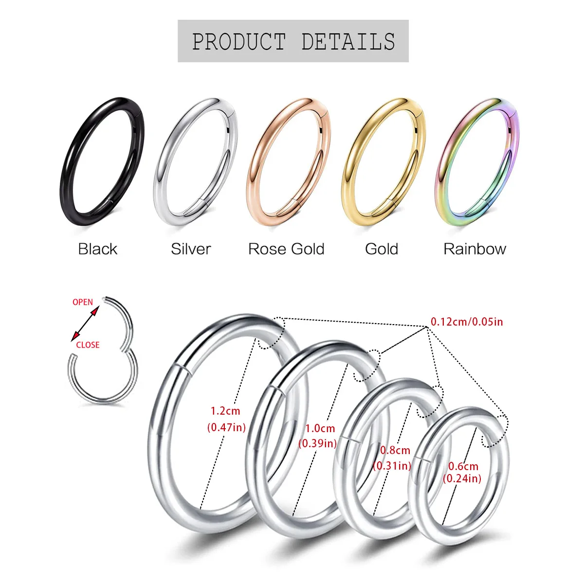 1pc Hinged Segment Nose Ring Stainless Steel Nose Hoop Septum Clicker Piercing Lip Ear Cartilage Helix Body Piercing Jewelry