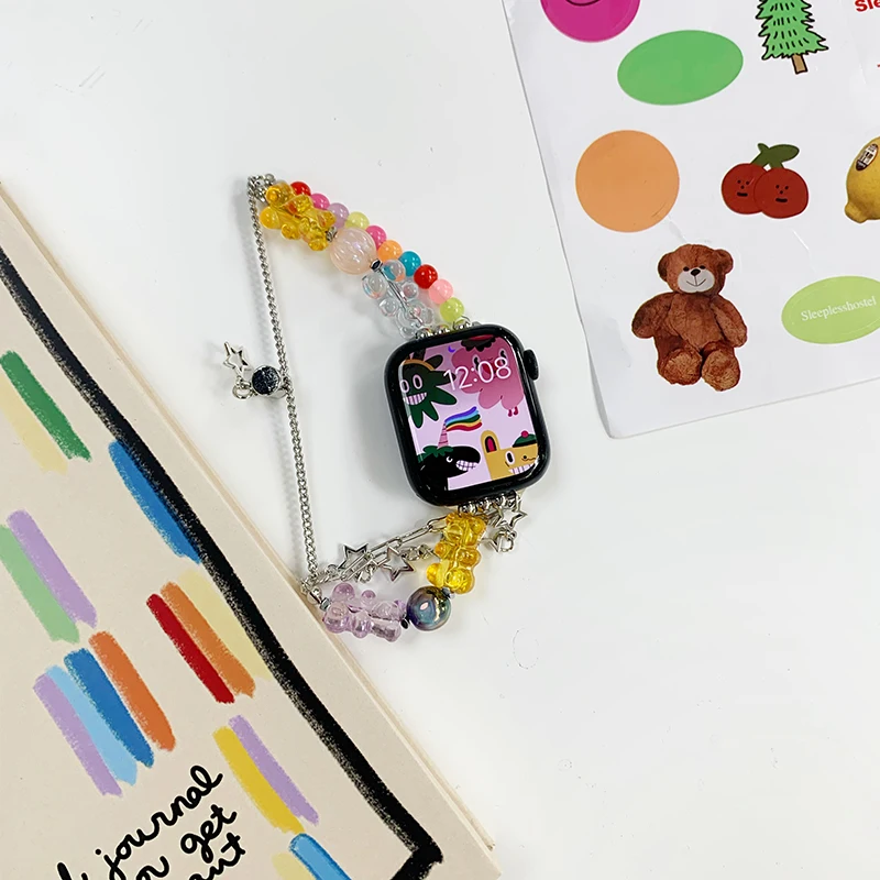 Gwiazda z metalu pasek do Apple Watch Serie 7 Corre 45mm 41 49 44mm Y2k bransoletka z koralików dla iWatch Band SE8654