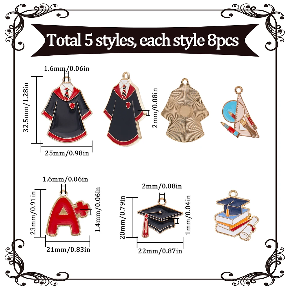 1 Box 40Pcs Graduate Charm School Enamel Charms Bulk Metal Gold Alloy Teachers' Day Back to School Graduation Caps Dangle Charm