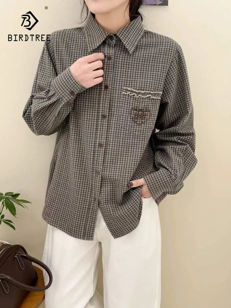 

New 2025 Autumn Cotton Long Sleeve Shirt, Women Turn-down Collar Embroidery Plaid, Mori Girl Retro Chic Loose Blouse T59185CC