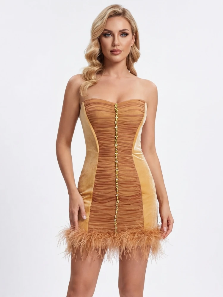 

Сексуальное мини-платье без бретелек с сетчатыми вставками, пайетками и перьями, без рукавов, с драпировкой, облегающее, для вечеринок и торжественных мероприятий