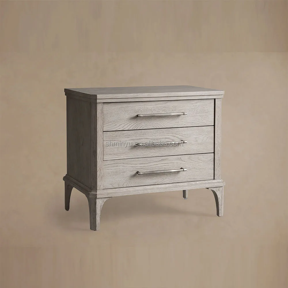 Modern Luxury Closed Nightstand Solid Oak Wood Bed Sidetable with 3-drawers Bedroom Furniture