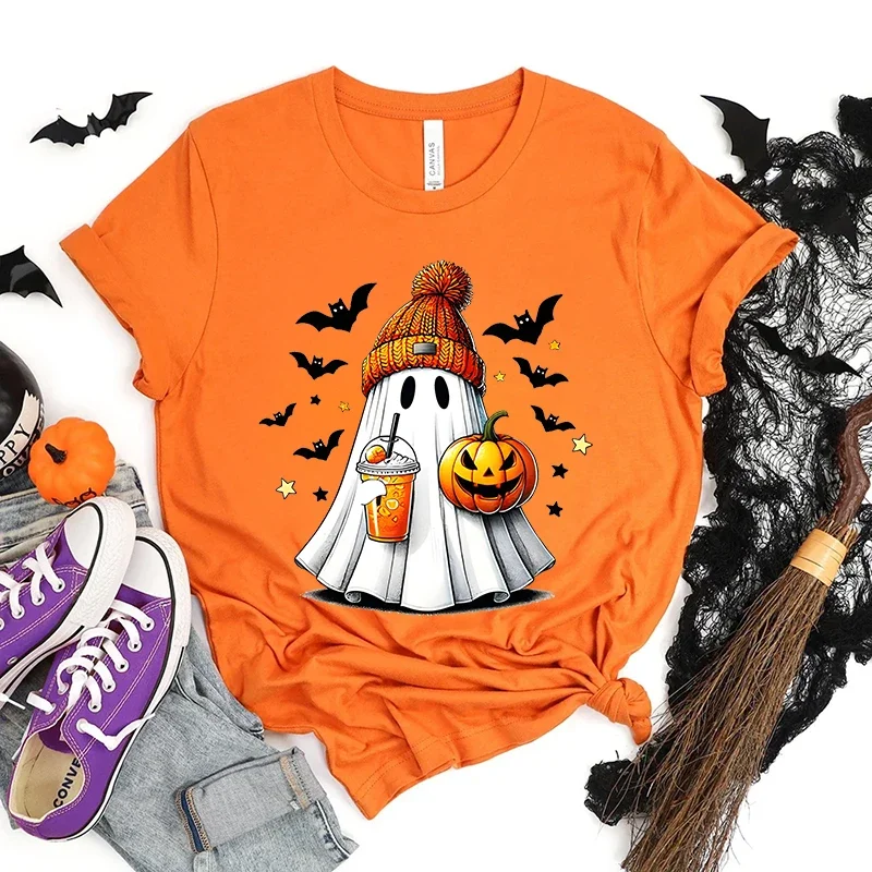 女性用サマーTシャツ、カボチャとゴーストのデザインのカジュアルトップ、ハロウィーンやギフトに最適